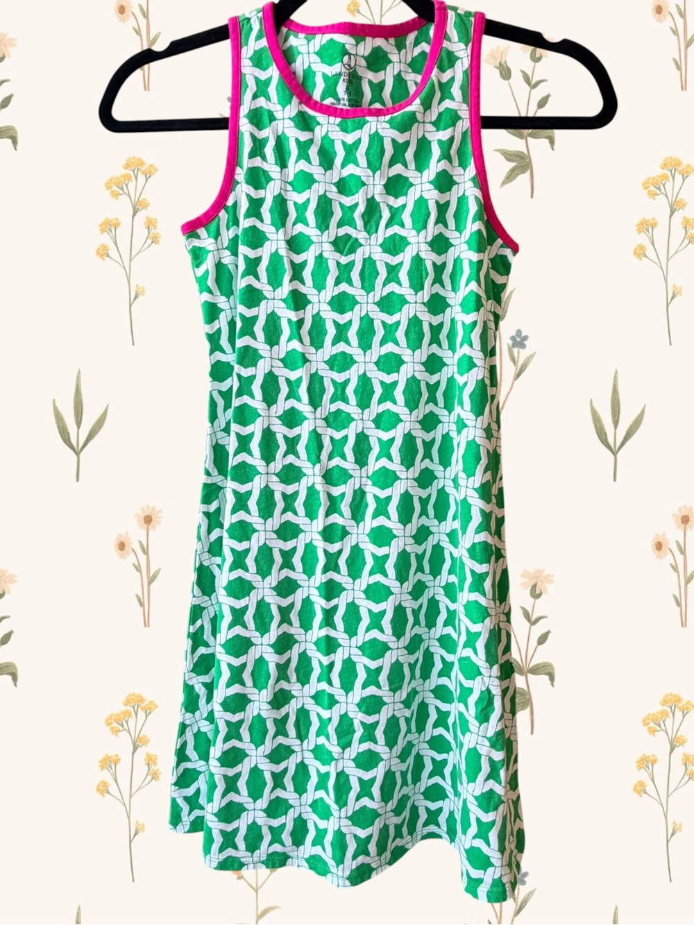 Lands' End Kid’s Green and White Patterned Tank Dress with Pink Trim Small 7/8